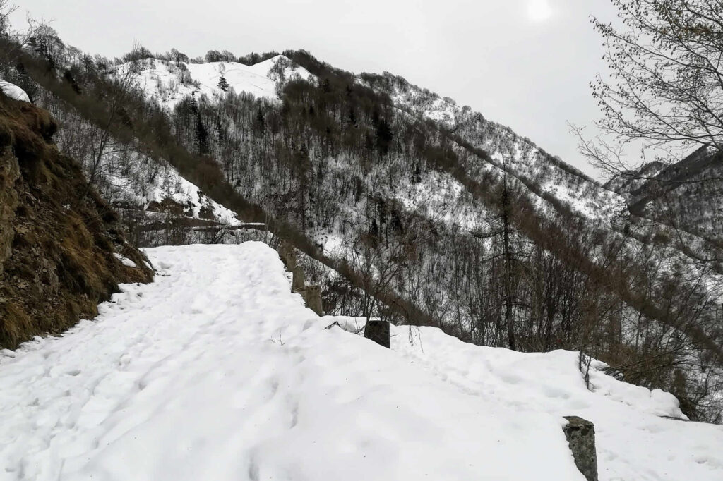 Strada innevata diretta al passo del Vici